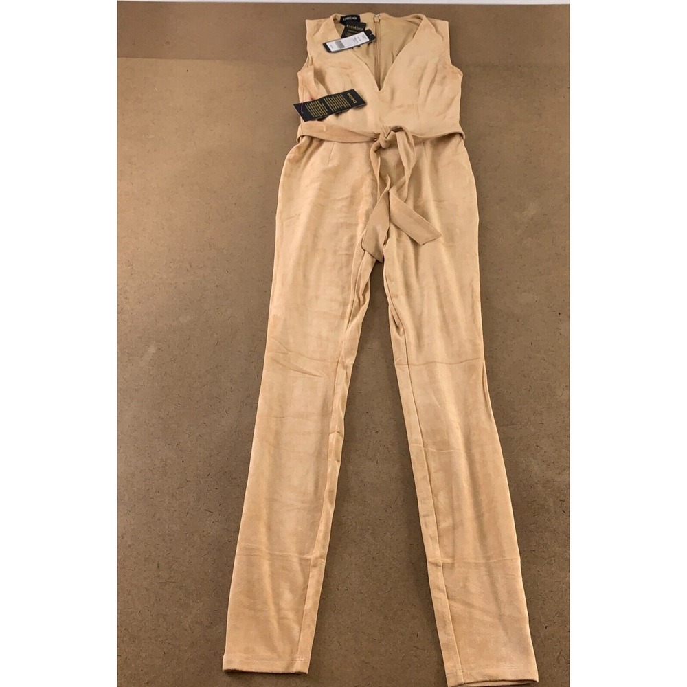 bebe Tan Sleeveless V-Neck Tie-Waist Jumpsuit